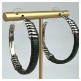 925 Silver Taxco Green Leather Post Hoop Earrings