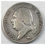 1822 Silver France 5 Francs Coin, Louis XVIII