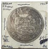 1957 Silver Ceylon Scarce 1st Yr Silver 5 Rupees