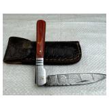 Damascus Steel Folding Blade Knife w/ Sheath
