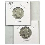 (2) 1934 Washington Silver Quarters, US 90%