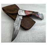 Damascus Steel Folding Blade Knife w/ Sheath
