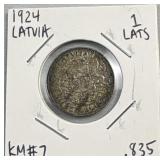 1924 Silver Latvia 1 Lats Coin .835 Pure