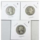 1942-P,D,S Washington Silver Quarter, US 90%