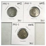 (3) 1943-S Silver War Nickels, WWII Era 35%