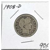 1908-D Barber Silver Quarter, US 90%