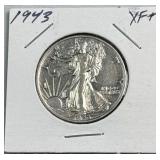 1943 Walking Liberty Silver Half Dollar, XF+ 90%