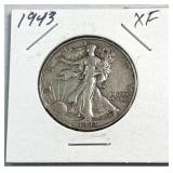 1943 Walking Liberty Silver Half Dollar, XF 90%