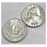 1964-P&D Washington Silver Quarters, AU 90%