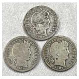 1907, 1908-D, 1909 Barber Dimes, 10c Coins, 90%