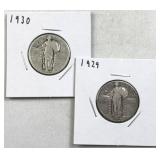 1929, 1930 Standing Liberty Quarters, 25c Coins,