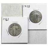 1925, 1928 Standing Liberty Quarters, 25c Coins,