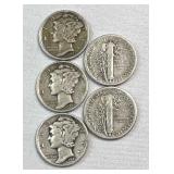 (5) 1941-43 Silver Mercury Dimes, WWII Era 90%