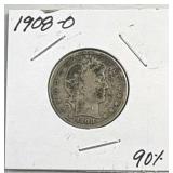 1908-O Barber Silver Quarter, US 90% Coin