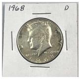 1968-D JFK 40% Silver Half Dollar, US 50c Coin