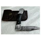 Damascus Steel Folding Blade Knife w/ Sheath