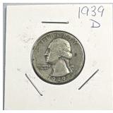1939-D Washington Silver Quarter, US 90%