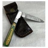 Damascus Steel Folding Blade Knife w/ Sheath