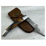 Damascus Steel Folding Blade Knife w/ Sheath