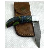 Damascus Steel Folding Blade Knife w/ Sheath