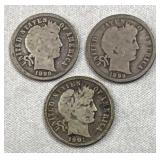 1898, 1899-O, 1901 Barber Dimes, 10c Coins, 90%