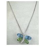 925 Silver CZ Green, Blue Crystal Dragonfly Neckla