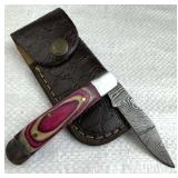 Damascus Steel Folding Blade Knife w/ Sheath