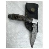 Damascus Steel Folding Blade Knife w/ Sheath