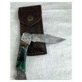 Damascus Steel Folding Blade Knife w/ Sheath