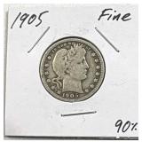1905 Barber Silver Quarter, US 90%, Fine
