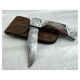 Damascus Steel Folding Blade Knife w/ Sheath