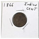 1866 Indian Cent, 1c Coin, Scarce Date
