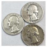 1954-P,D,S Washington Silver Quarter, US 90%