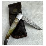 Damascus Steel Folding Blade Knife w/ Sheath
