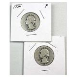 (2) 1936 Washington Silver Quarters, US 90%