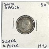 1943 South Africa Silver 6 Pence Coin