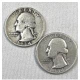 1934-P&D Silver Washington Quarters, US 90%