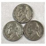 (3) 1945-P Silver War Nickels, WWII Era 35%