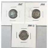 (3) 1944-49 Mercury & Rosy Silver Dimes, 90%