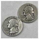 1941-P&S Silver Washington Quarters, US 90%
