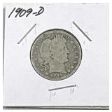 1909-D Barber Silver Quarter, US 25c, 90% Coin