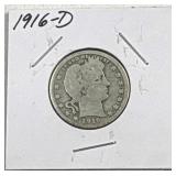 1916-D Barber Silver Quarter, US 25c, 90% Coin