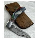 Damascus Steel Folding Blade Knife w/ Sheath