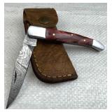 Damascus Steel Folding Blade Knife w/ Sheath