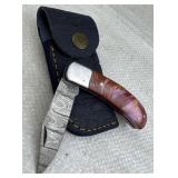 Damascus Steel Folding Blade Knife w/ Sheath