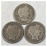 1907, 1907-O, 1908 Barber Silver Dimes, 10c, 90%