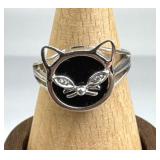 925 Silver Black Tourmaline Cat Face CZ Eyes Ring