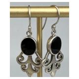 925 Silver Vtg Black Tourmaline Scroll French Wire