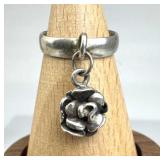 925 Silver 3D Dangle Rose Charm Band Ring