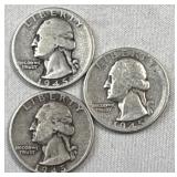 (3) 1944-P&D Silver Washington Quarters, 90%